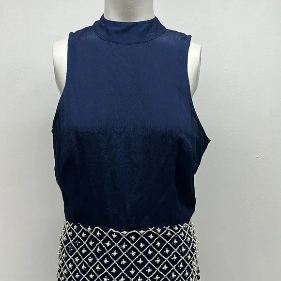 NBD Best Mistake Dress Beaded Pearls Mini Sleeveless Satin Navy Blue Size Small - Picture 3 of 16